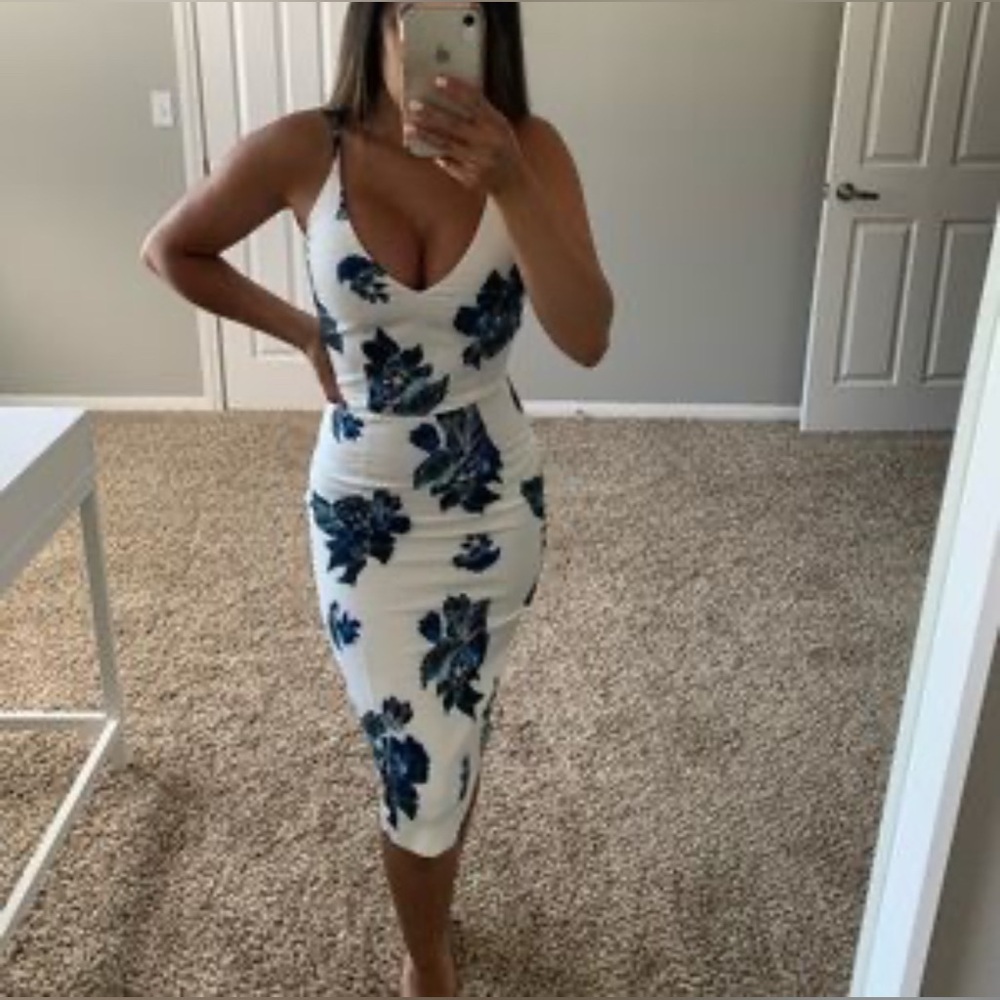 H&M White Midi Dress with Blue Floral Print